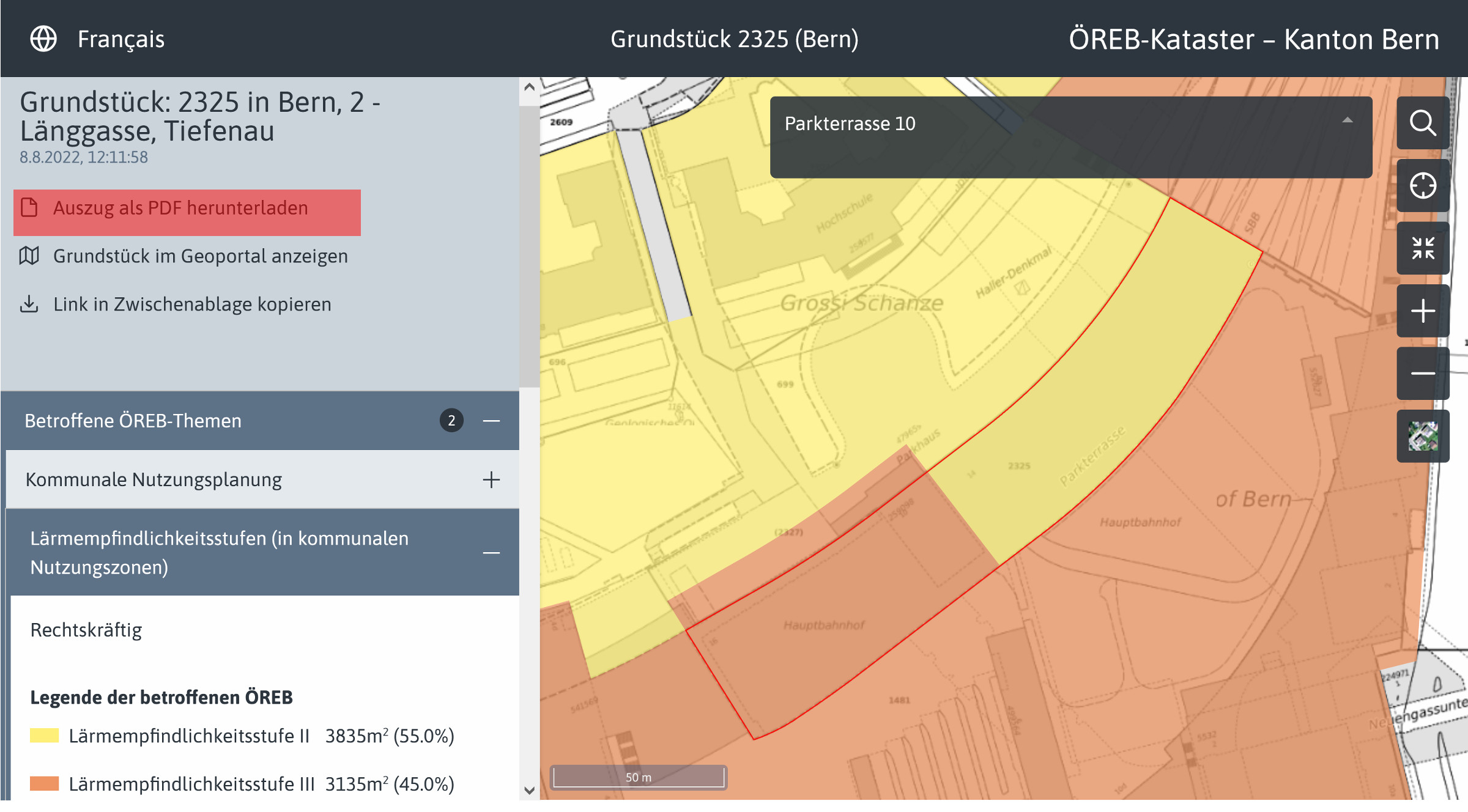 Grafik mit PDF-Auszug herunterladen im ÖREB-Viewer